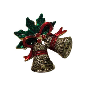 Christmas Bell Holly Leaf Brooch with Crystal Accents, 2" Tall